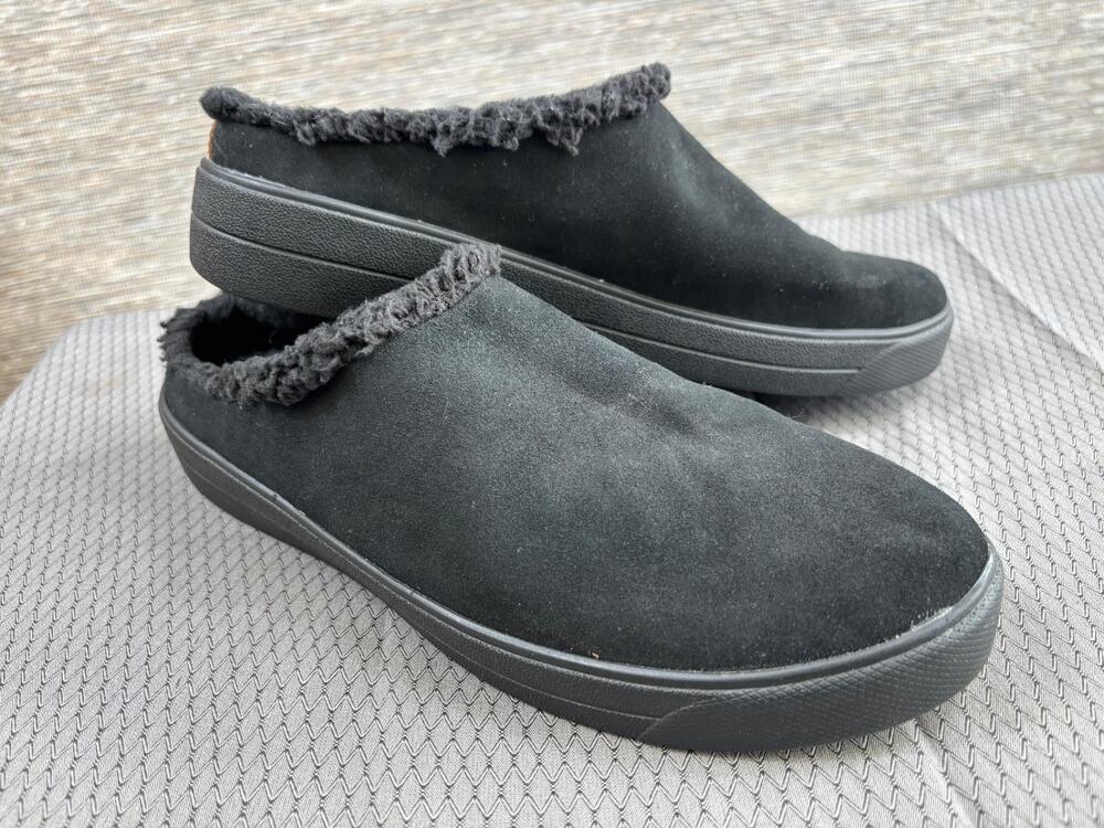 Ryka Womens 9.5W Black Leather Suede Faux Fur Lined Slip On Mules Clogs